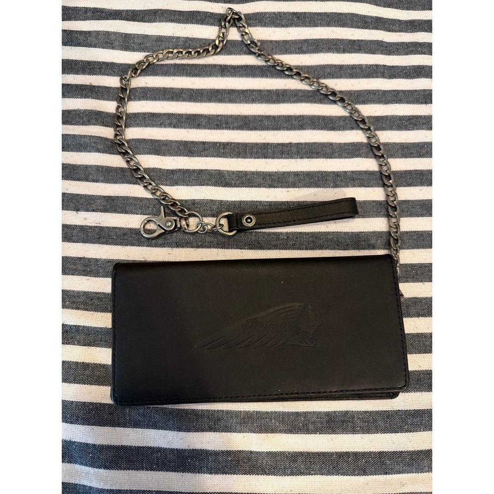 Indian Motorcycle Black Leather Long Bifold Trucker Wallet with Security Chain